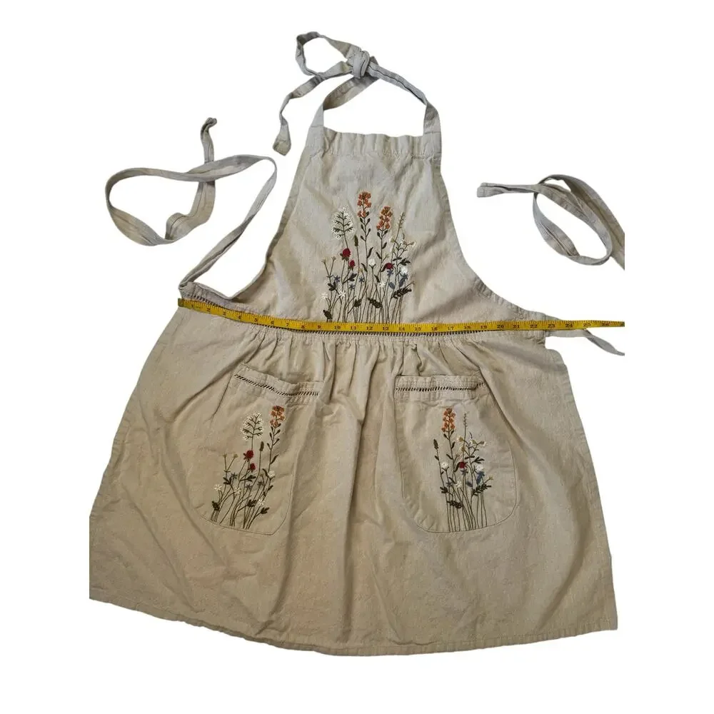 WORLD MARKET Natural Embroidered Floral Apron Lace Trim One Size Tan Cottagecore